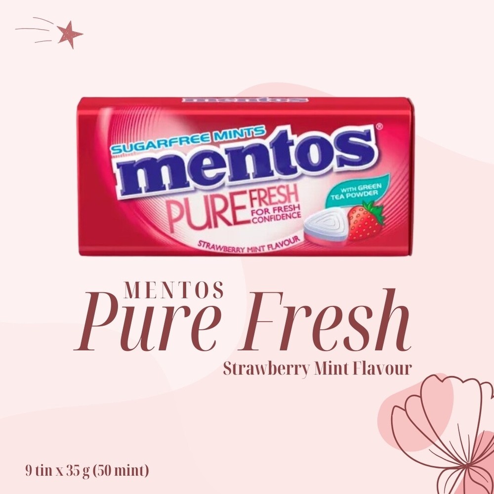Mentos Pure Fresh Sugar Free 9 tin x 36g (Strawberry Mint Flavour)