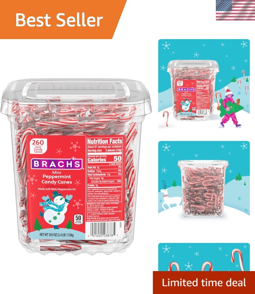 Mini Candy Canes Tub 260 Count Sweet Peppermint Holiday Treats for Sharing