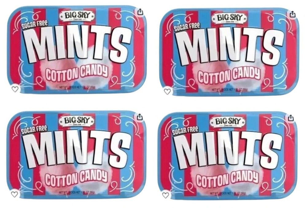 (4-Pack) Big Sky 1.76oz Sugar Free COTTON CANDY Breath Mints Metal Tin BB 9/2026