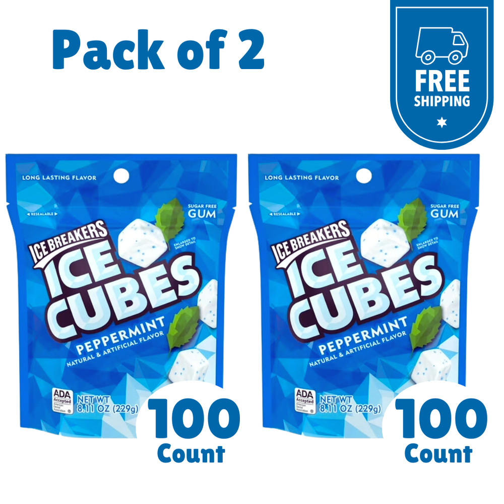 (Pack of 2) Ice Breakers Ice Cubes Peppermint Sugar Free Gum 8.11 oz 2x 100 pcs
