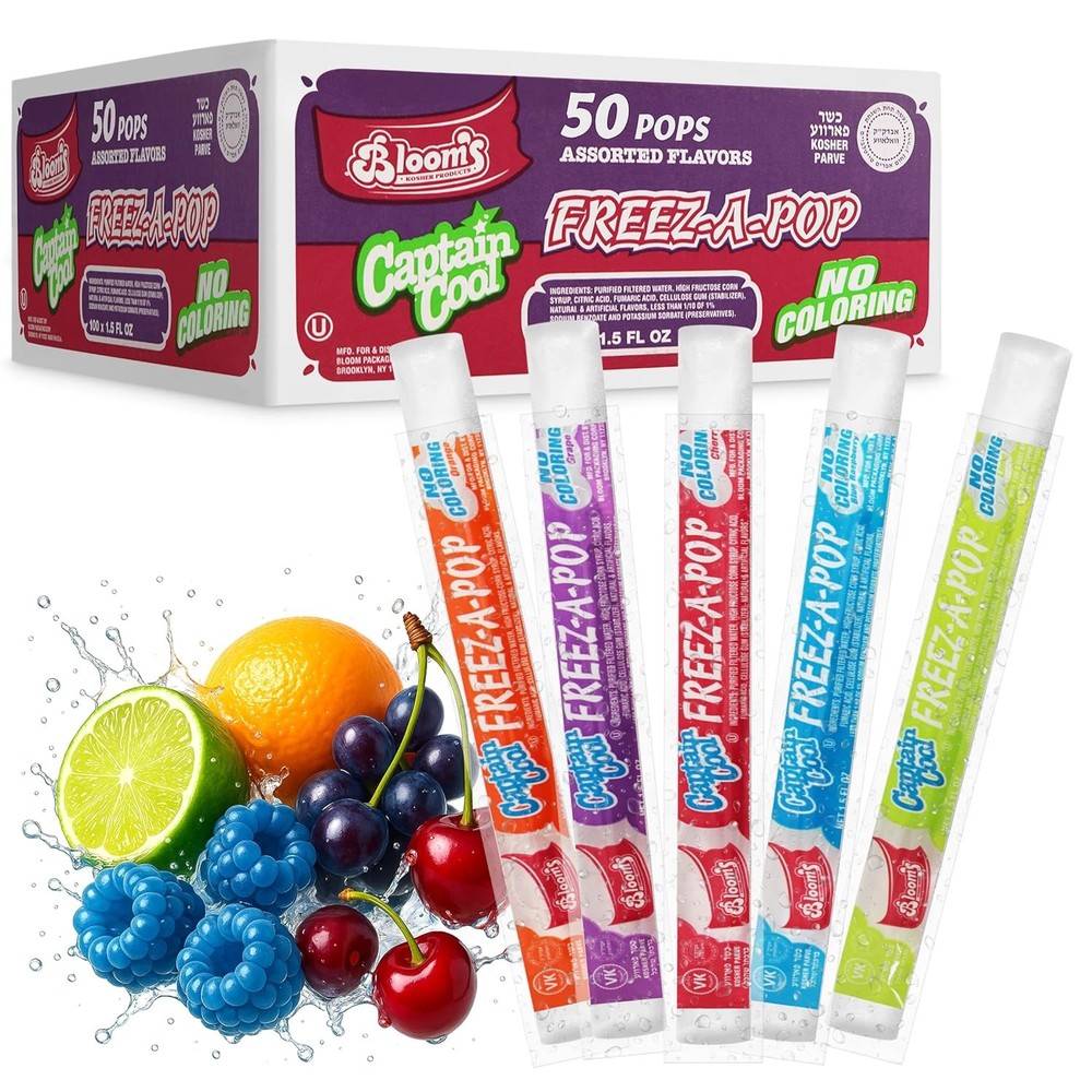 Freeze Pops, 50 Count Ice Pops Bulk Pack of Refreshing Assorted Flavors, Enjoy D
