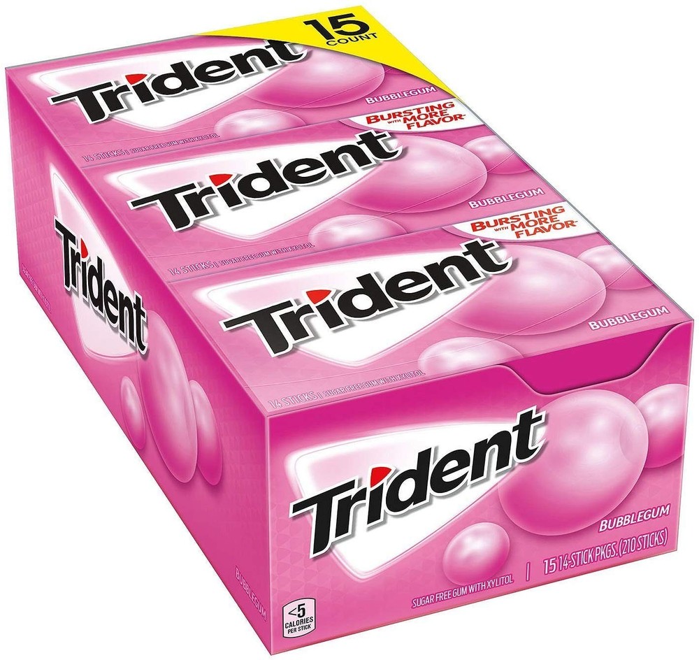 Trident Bubble Gum Sugar Free 30/14 Piece 14 Count (Pack of 30), Pink