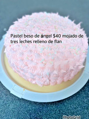 HOMEMADE CAKE w/TRES LECHES, PINK PEAKED ICING & FULL OF FLAN. SERVES MANY!