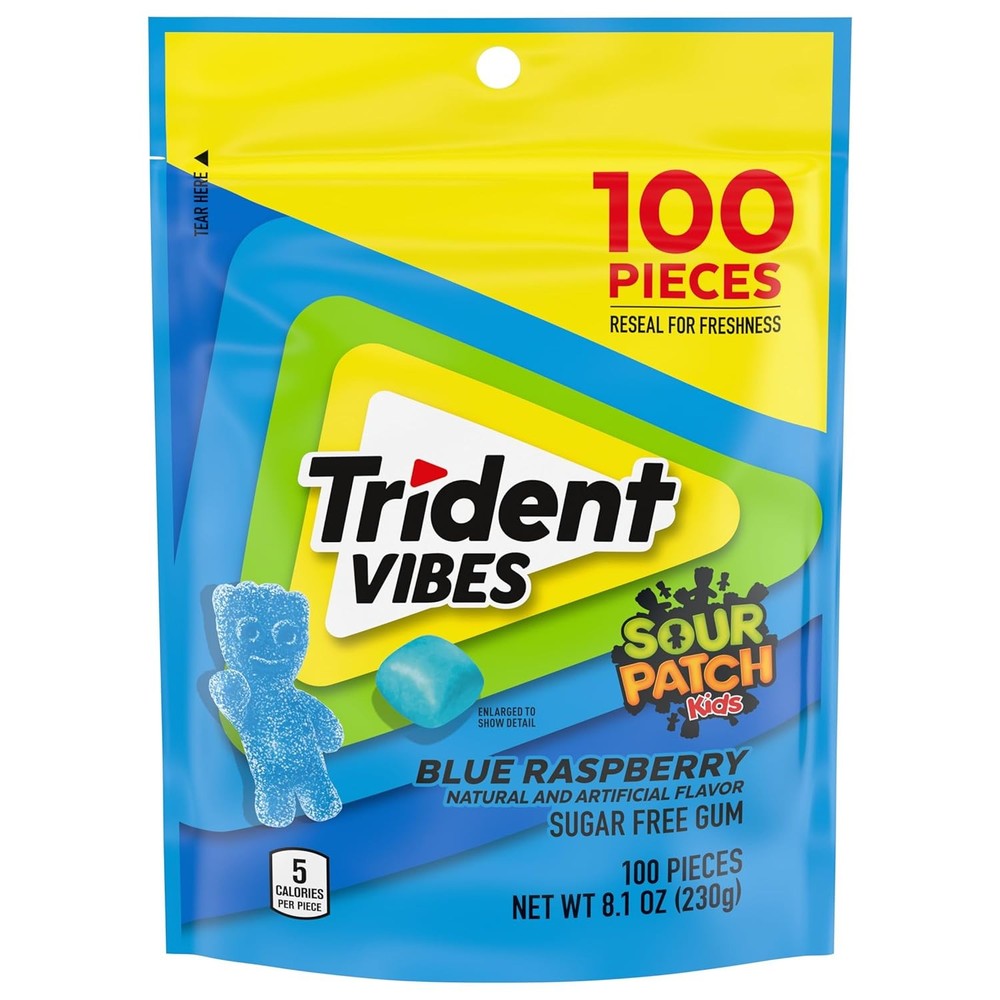 Trident Vibes SOUR PATCH KIDS Blue Raspberry 100 Count (Pack of 1),