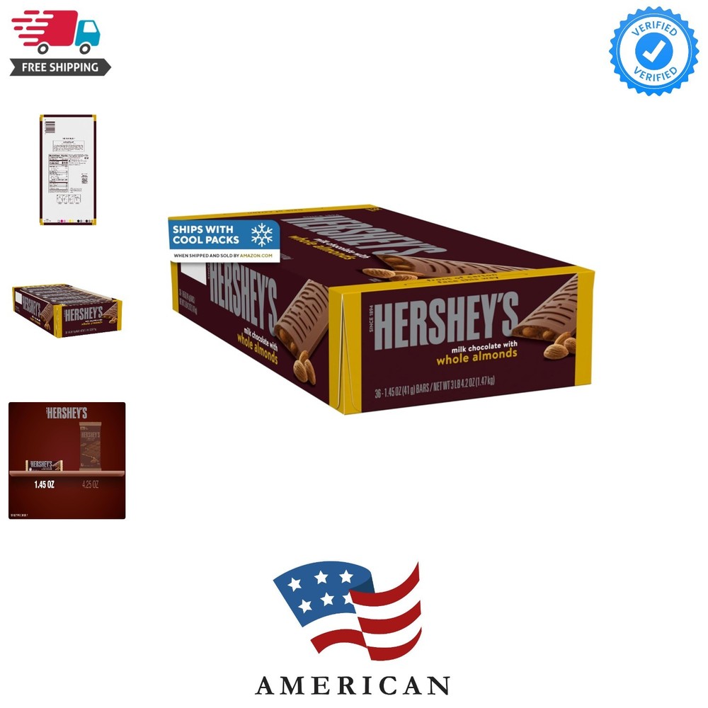 HERSHEY’S Milk Chocolate with Whole Almonds Candy Bars, 1.45 oz 36 Count