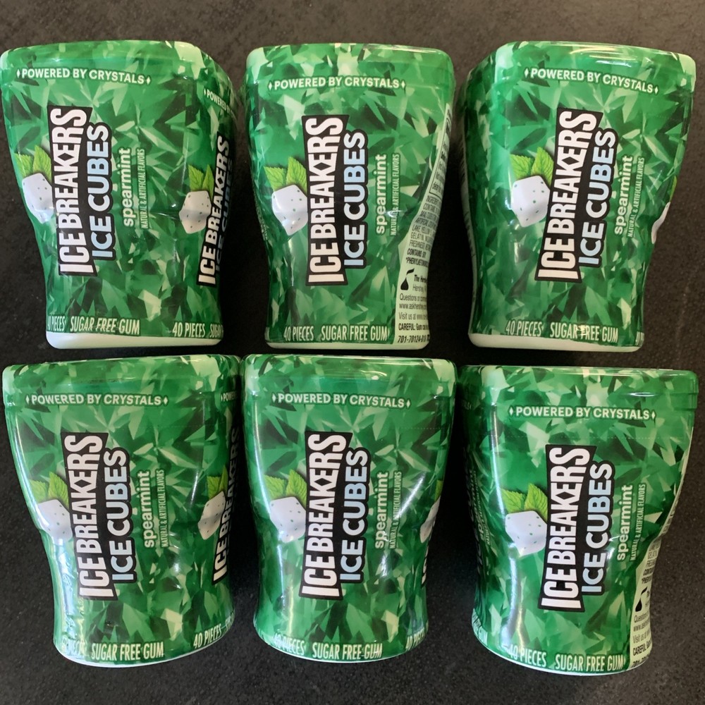 6 Bottles 40 Count ICE BREAKERS ICE CUBES Sugar Free Spearmint Chewing Gum