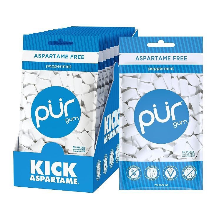 PUR Xylitol Chewing Gum PEPPERMINT (55 Pieces, 12 Pack)Sugarless Vegan Dry-Mouth