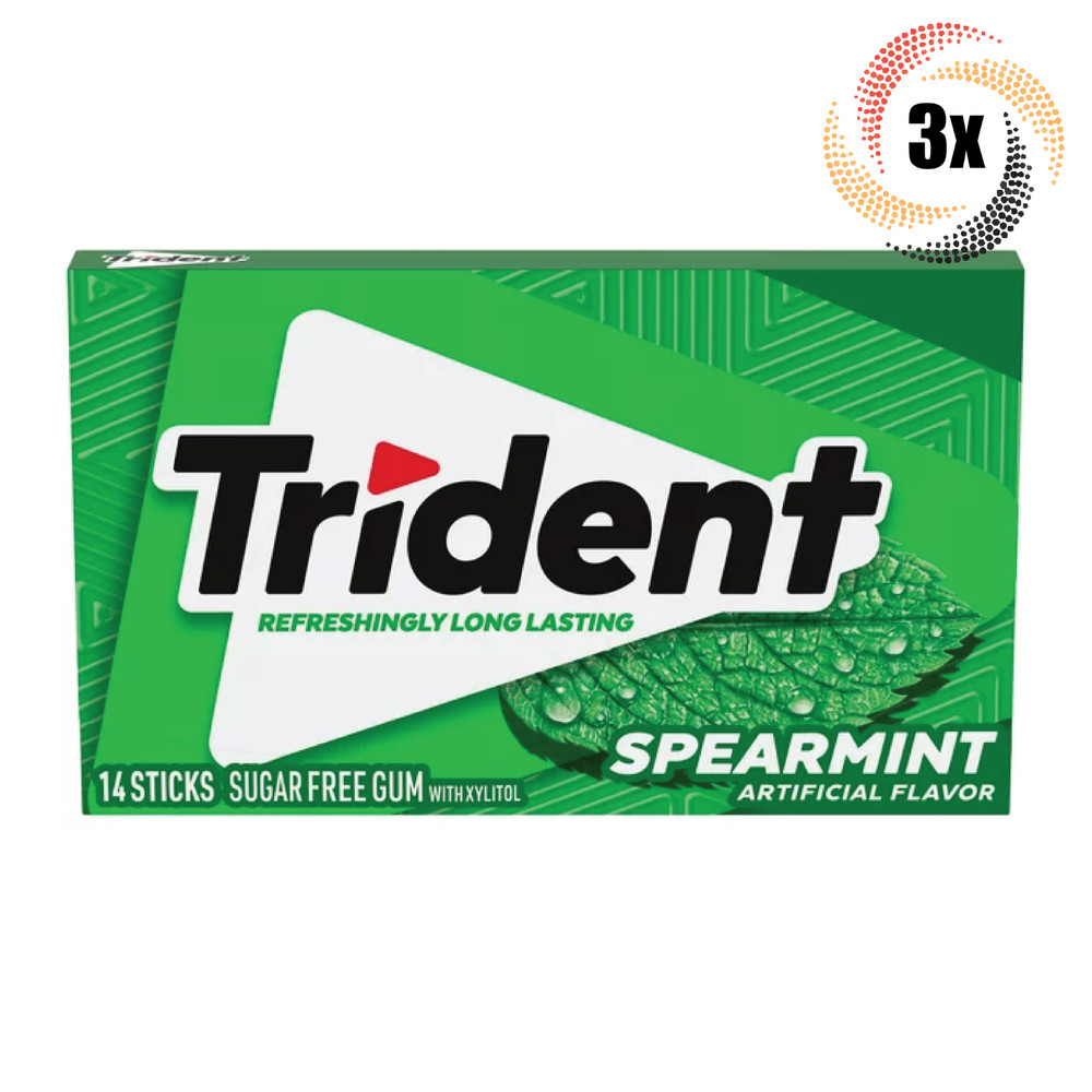 3x Packs Trident Spearmint Flavor Sugar Free Chewing Gum | 14 Sticks Per Pack
