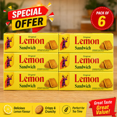 Original Lemon Sandwich Biscuits Pack of 6 | Crispy Lemon Cream Cookies Snack