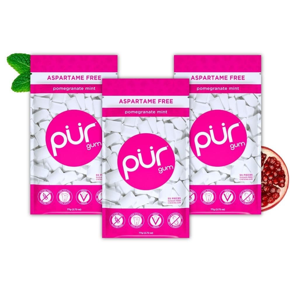 (3 PK)PUR Gum Aspartame Free Chewing Gum 100% Xylitol Natural 55 Pomegranate Fla