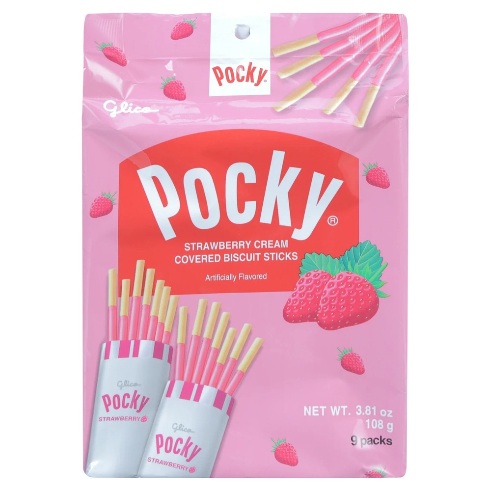 Glico Strawberry Cream Covered Biscuit Sticks, 3.81 Oz, 9 Count