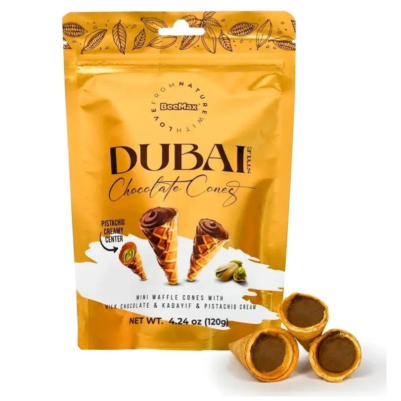 Beemax Dubai Style Mini Chocolate Cones | Waffle Cones Filled with Pistachio Cre