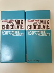 2 PACKS TRADER JOE’S SWISS MILK CHOCOLATE WITH 30% WHOLE HAZELNUTS 7-OZ BARS