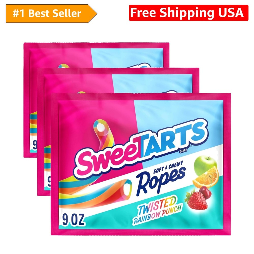 Ropes, Candy, Twisted Rainbow Punch, Soft and Chewy, 9 oz Pack of 3