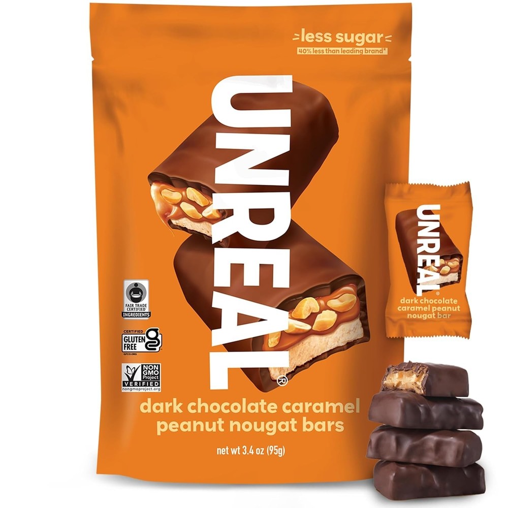 Unreal Dark Chocolate Caramel Peanut Nougat Bars 3.4 oz Bag