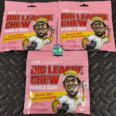 3-PACK LOT BIG LEAGUE CHEW SHREDDED BUBBLE GUM PUNCH-OUT PINK LEMONADE baseball
