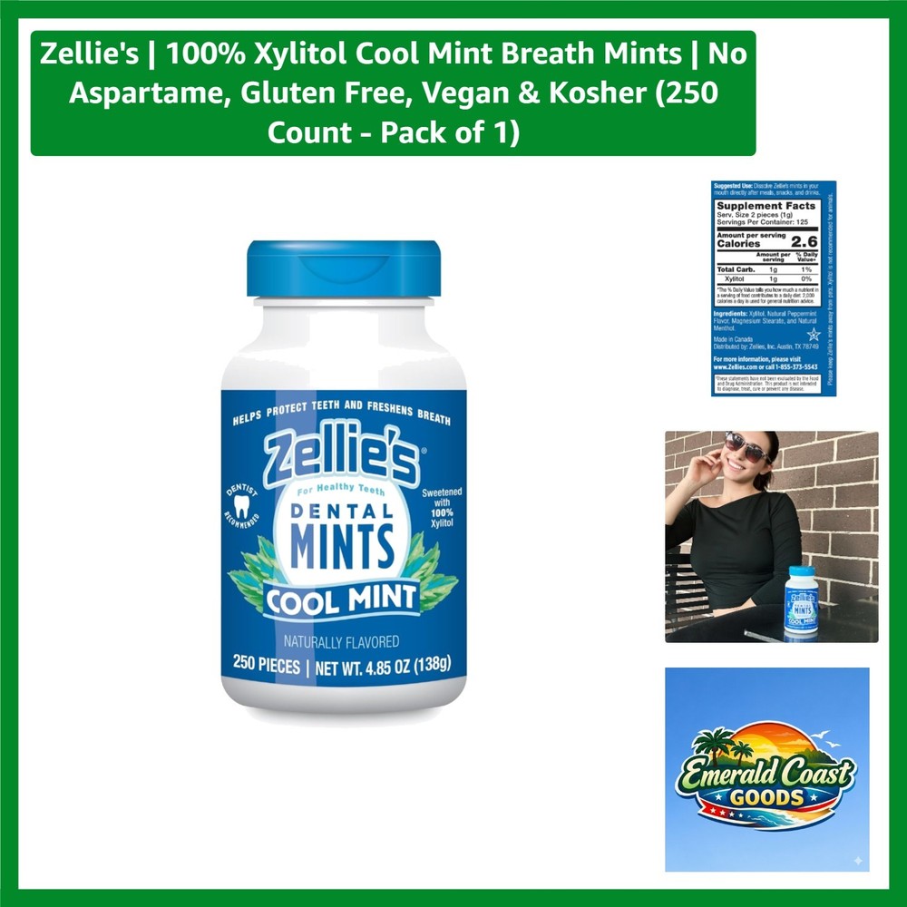 Zellie’s Cool Mint Breath Mints – 250 Count Xylitol Oral Health Support