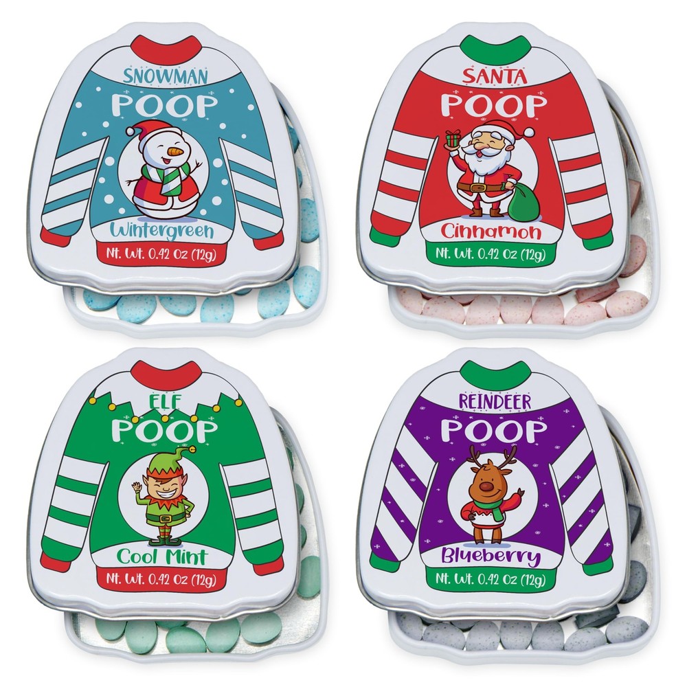 4E’s Novelty “Christmas Poop” Mint Candy Tins 4 Pack, Stocking Stuffers fo Kids