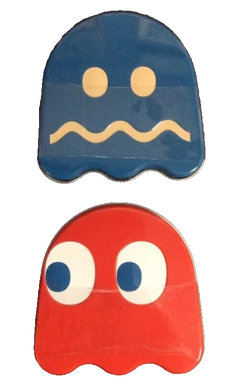 Pacman Sour Candy Tin Set/2- Boston America Co-NIB Blinky-Cherry/Blue Ghost-Rasp