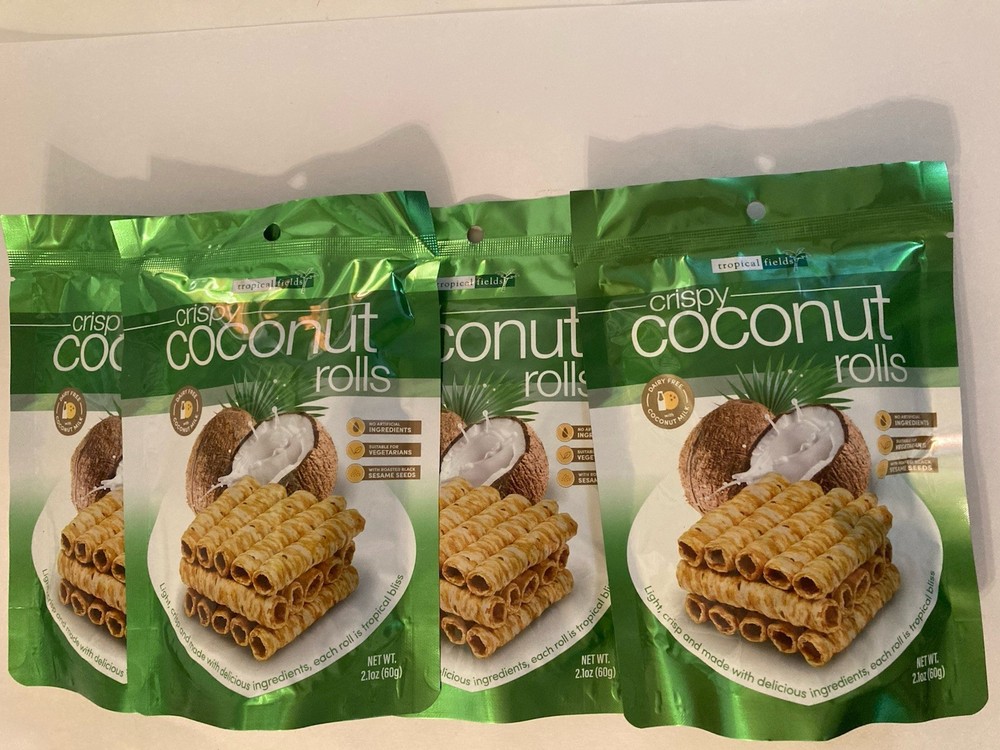 4 Tropical Fields Crispy Coconut Rolls diary free 2.1 oz each total 8.4 oz