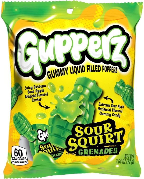 Gupperz Sour Squirt Grenade 2.54 Ounce/71g, 1 Bag, Liquid Center
