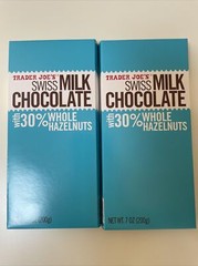 2 PACKS TRADER JOE’S SWISS MILK CHOCOLATE WITH 30% WHOLE HAZELNUTS 7-OZ BARS