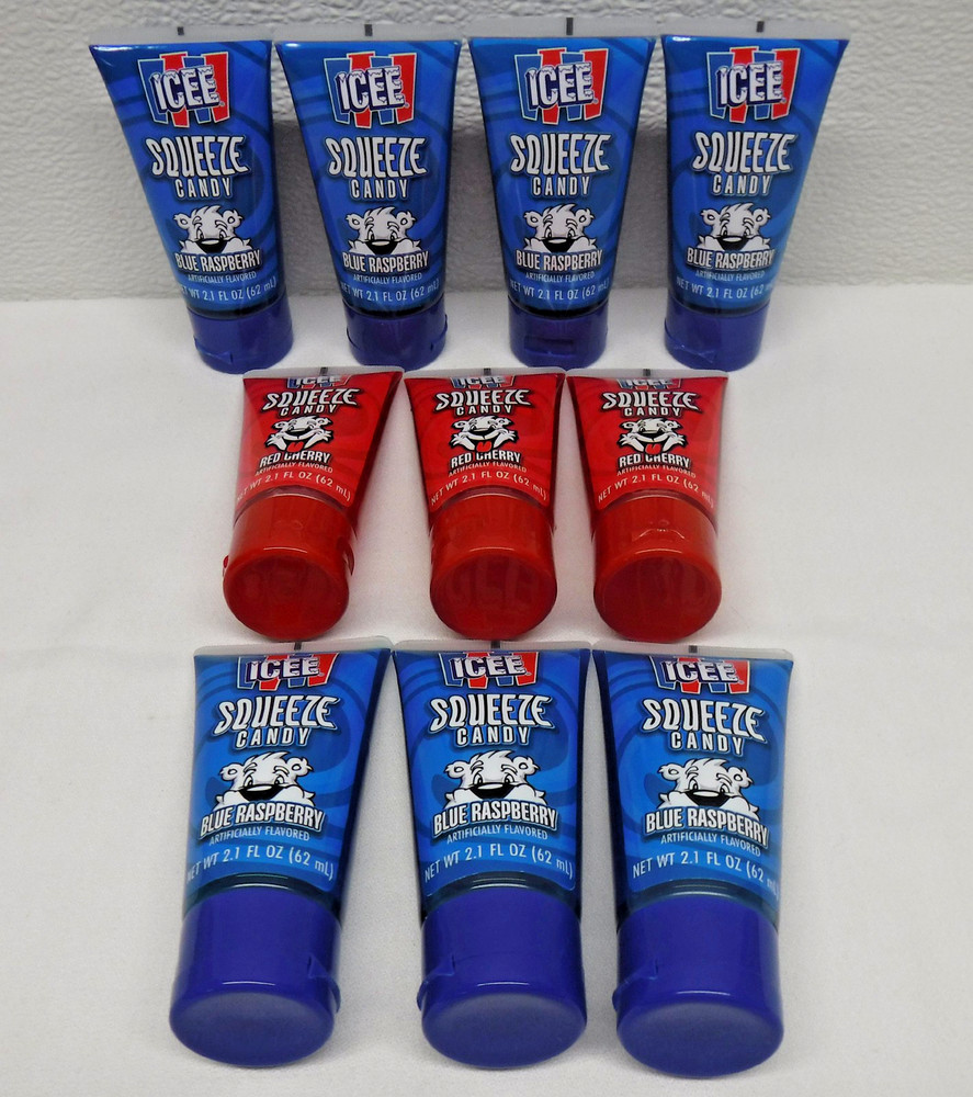 10 tubes ICEE Squeeze Candy Blue Raspberry & Red Cherry 2.1 fl oz NEW Sealed lot