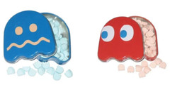 Pacman Sour Candy Tin Set/2- Boston America Co-NIB Blinky-Cherry/Blue Ghost-Rasp