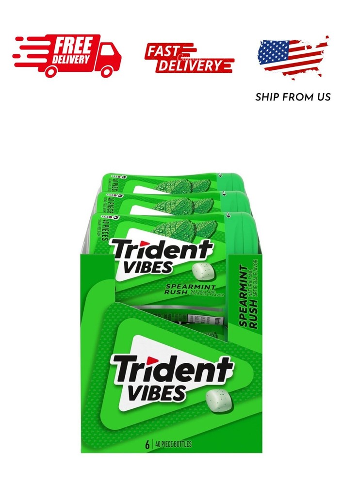 Trident Vibes Spearmint Rush Sugar Free Gum, 6 Bottles of 40 Pcs (240 Total Pcs)