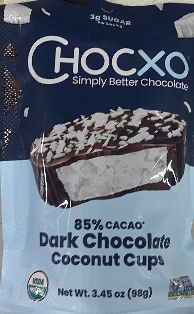 ChocXO 85% Cacao Organic Dark Chocolate Coconut Cups 3.45 oz Bag