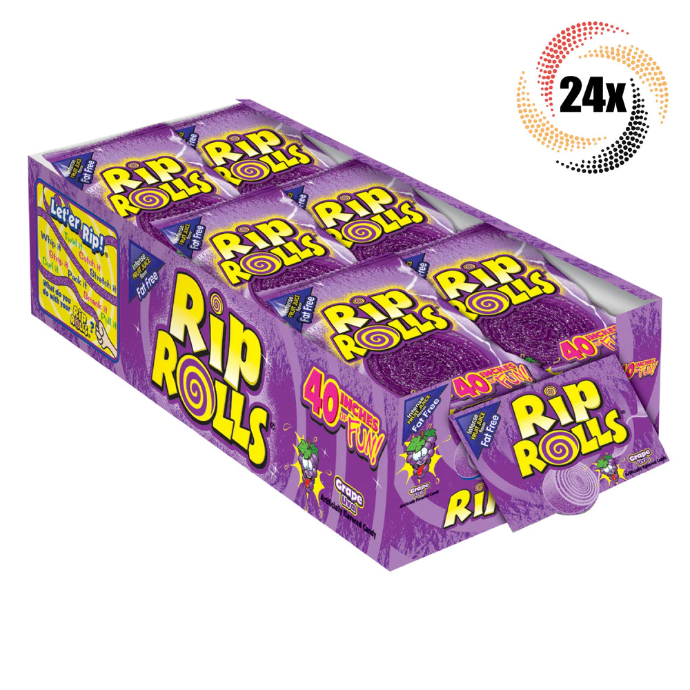 Full Box 24x Packs Rip Rolls Grape Fat Free Candy | 40 Inches of Fun | 1.4oz