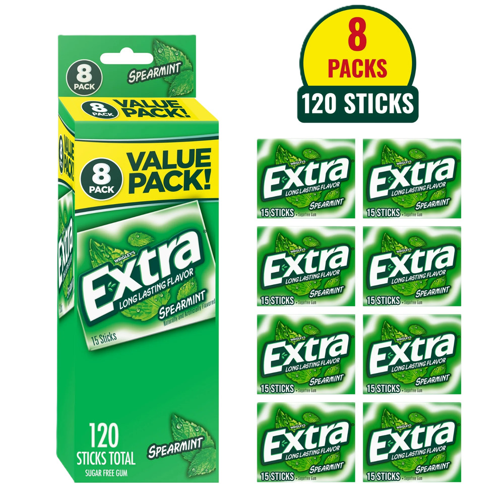 Extra Spearmint Sugar Free Gum Back To School Chewing Gum, 8 Pack.