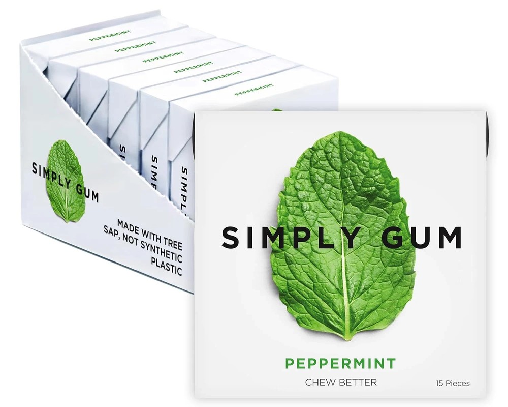 SIMPLY Gum Peppermint, Plastic-Free Natural Chewing Gum, 6 Pack (90 Pieces).