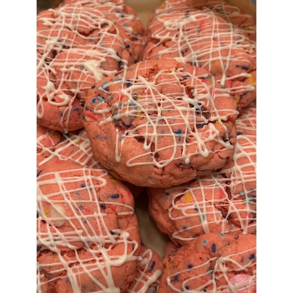 Strawberry Cookies Pink Dozen Confetti Sprinkles White Drizzle Crumble Homemade