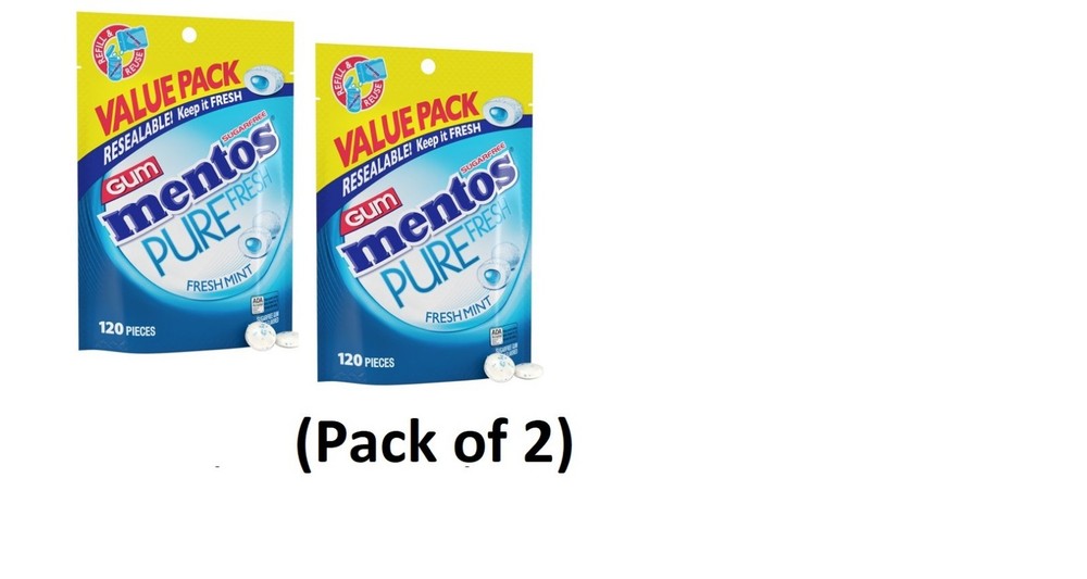 (PACK OF2) Mentos Pure Fresh Mint Sugar Free Gum Extra Value Pack 120 Count