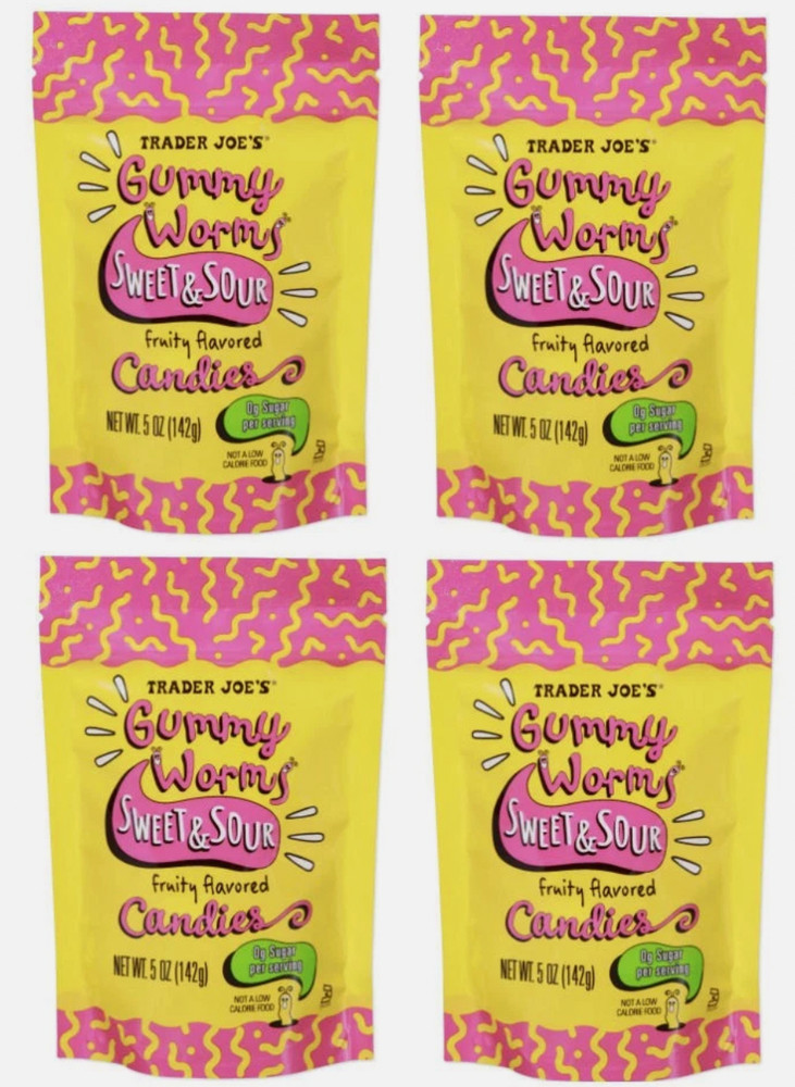 4 Pack Trader Joe’s Sweet & Sour Gummy Worms Candies 5 oz ea Gummies High Fiber