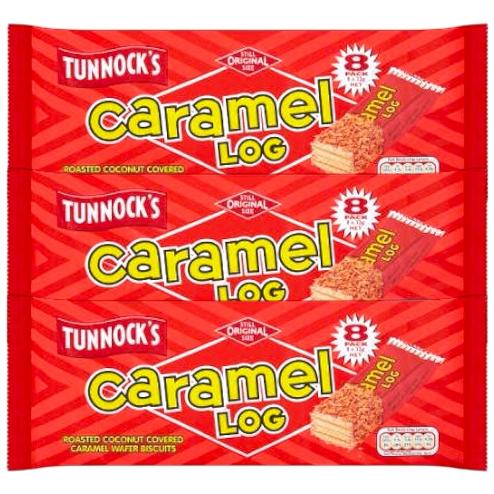 3 Tunnocks Caramel Log Wafer Biscuits ( 3 Pack 8 Wrapped Wafer Caramel Logs)