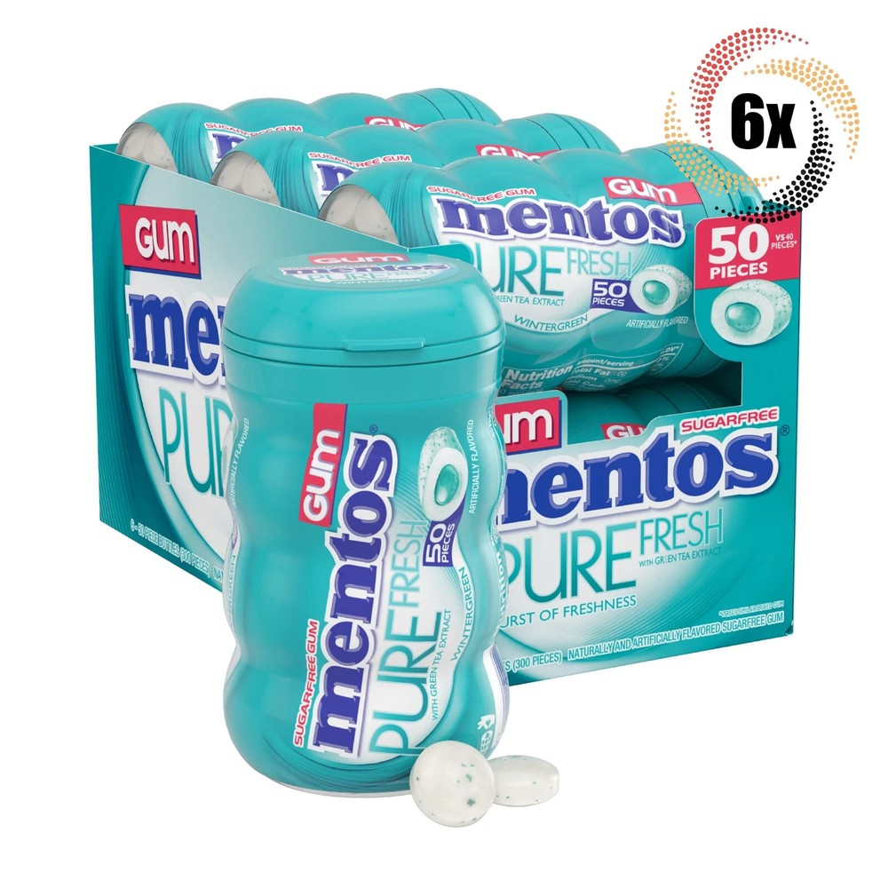 Full Box 6x Bottles Mentos Pure Fresh Wintergreen Gum, 50 Pieces Each – 3.53oz