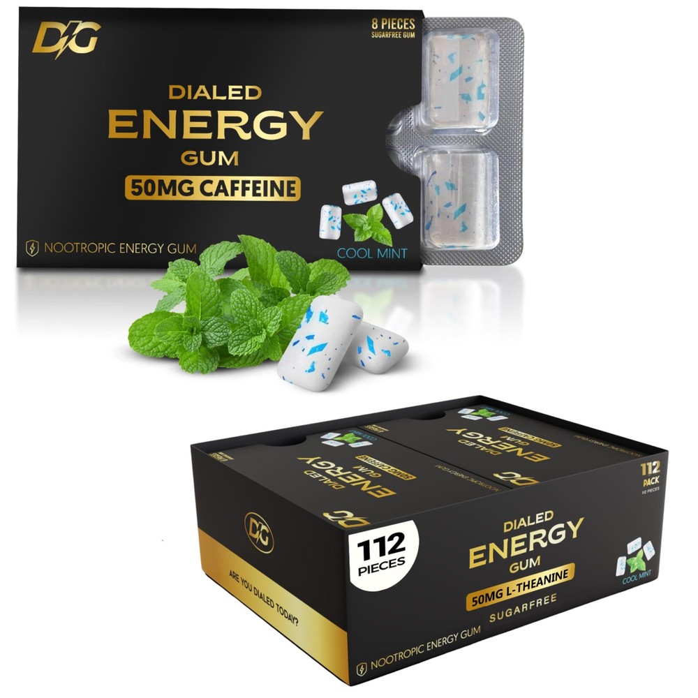 Dialed Energy Caffeine Gum 112pc | 50mg Caffeine | Sugar Free Focus Supplemen…