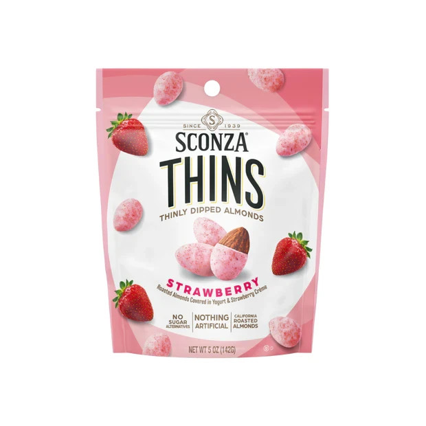 Sconza Thins 5 oz STRAWBERRY Toasted Almonds Covered in Yogurt & Creme BB 3/2027