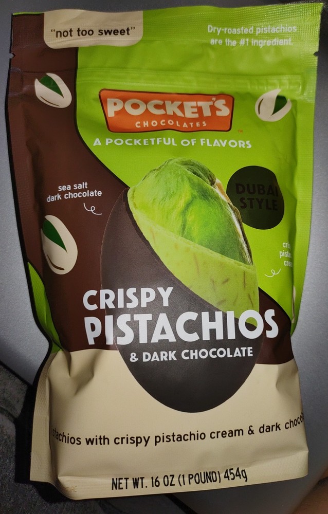 2x POCKET’S DUBAI STYLE CRISPY PISTACHIOS & DARK CHOCOLATES 16oz/ea NEW & SEALED
