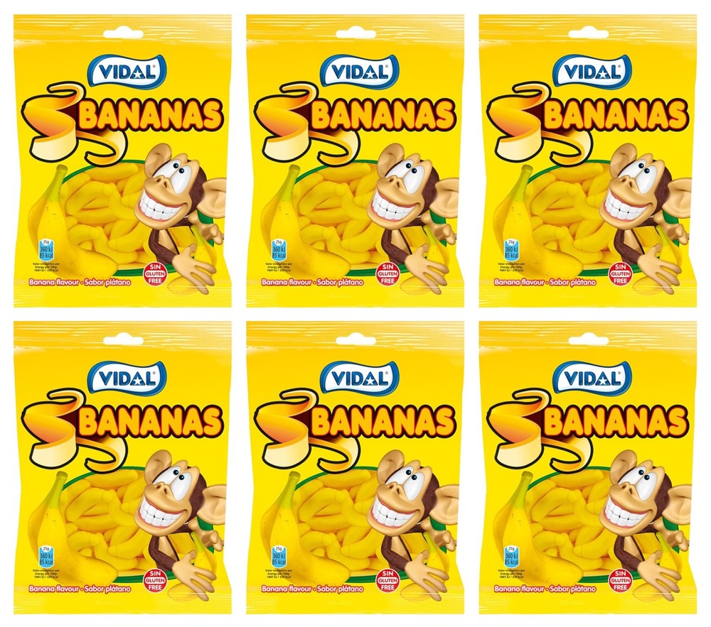 6 VIDAL BANANAS Gluten Free Banana Flavor Gummy Candies 90g 3.2oz