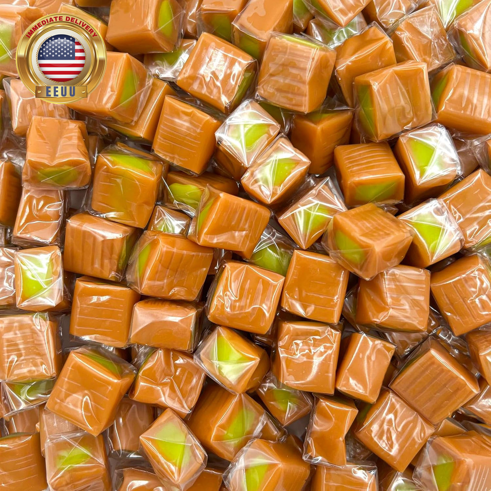 Caramel Cubes Candy | 1 Pound Bag – Approx. 75 Count | Green Apple Filling | Ind