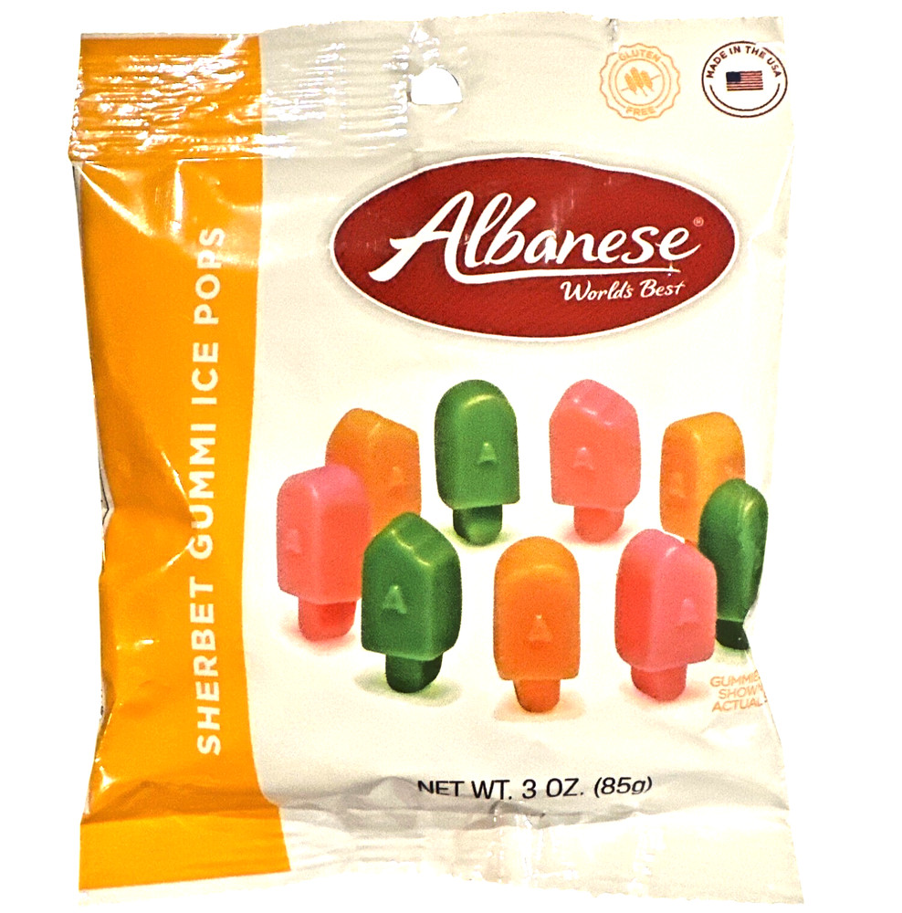 Albanese Sherbet Gummi Ice Pops Shaped 3 oz Gummy Candy Orange, Lime, Strawberry