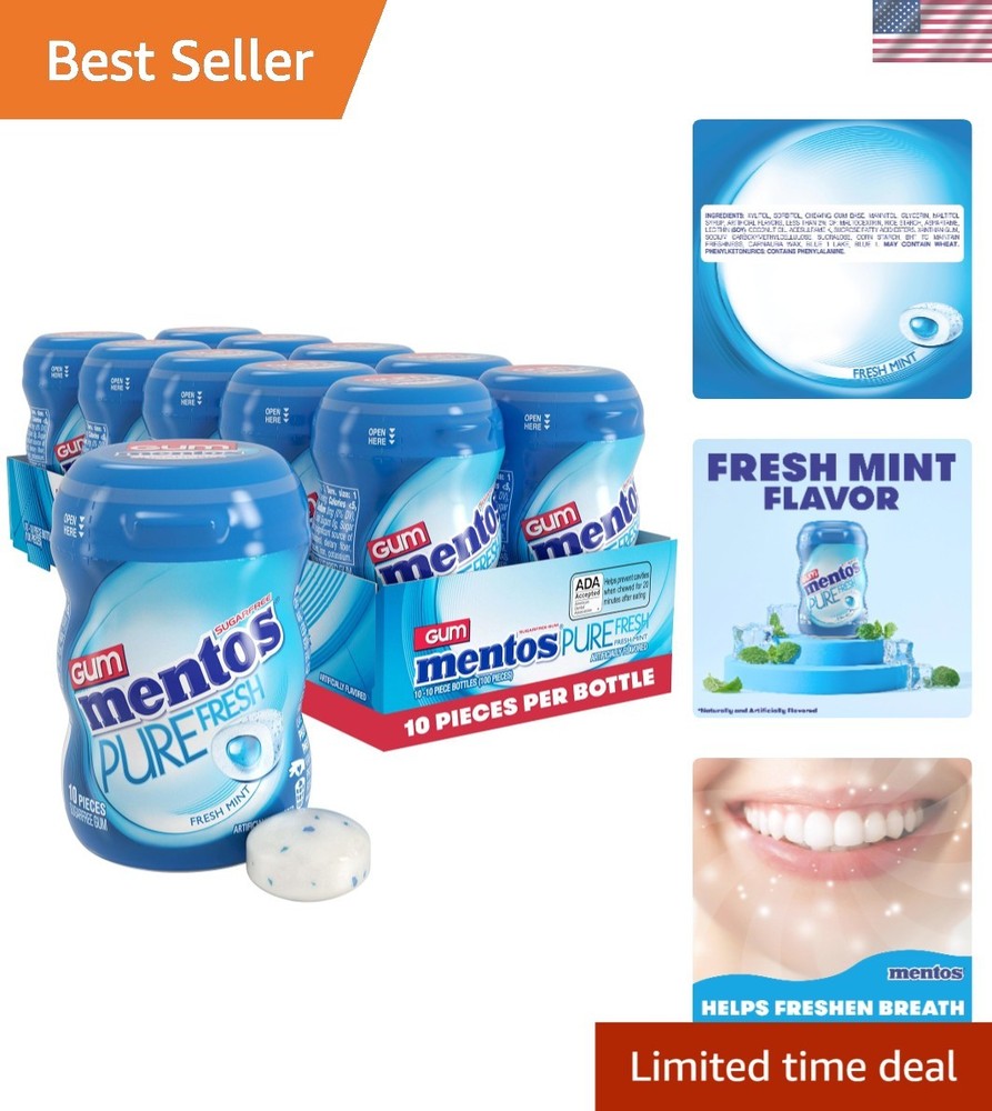Pure Fresh Mint Sugar-Free Chewing Gum – 10 Mini Bottles with Xylitol