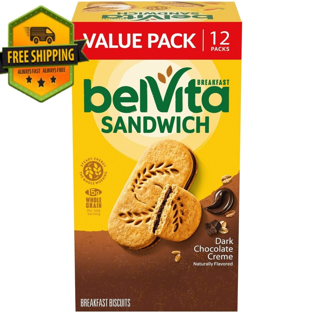belVita Breakfast Bar Biscuit Sandwiches, Dark Chocolate Creme – Value Pack, 12