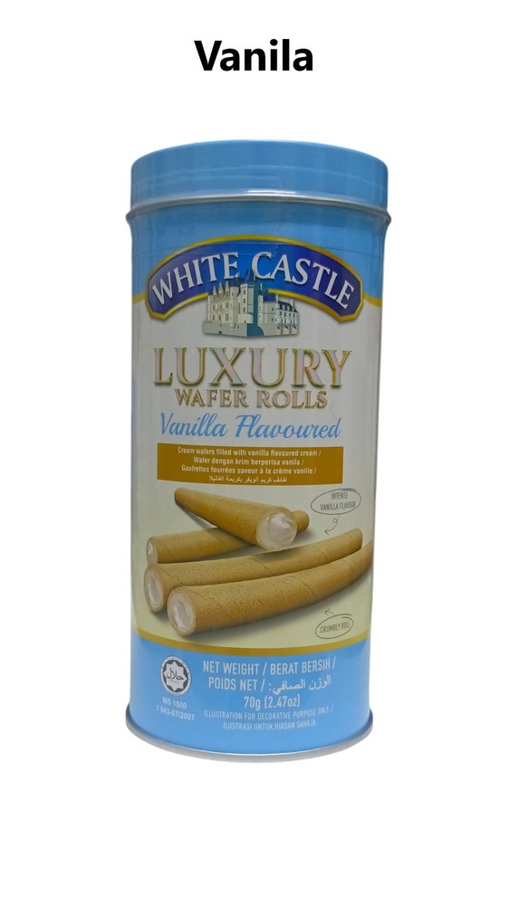 4 x 70g White Castle Luxury Wafer Rolls Biscuits in Collectible Tin Packaging