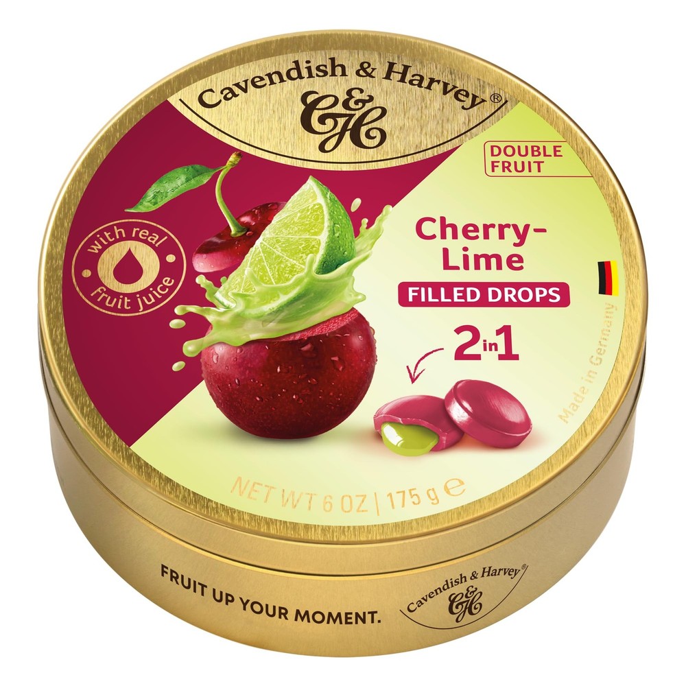 | Double Fruit Drops – Cherry with Lime Filling | 175g 6 ounce Tin