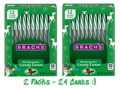 2 Pack (24 Canes) Brachs Wintergreen Christmas Candy Canes Full Size Ind Wrapped
