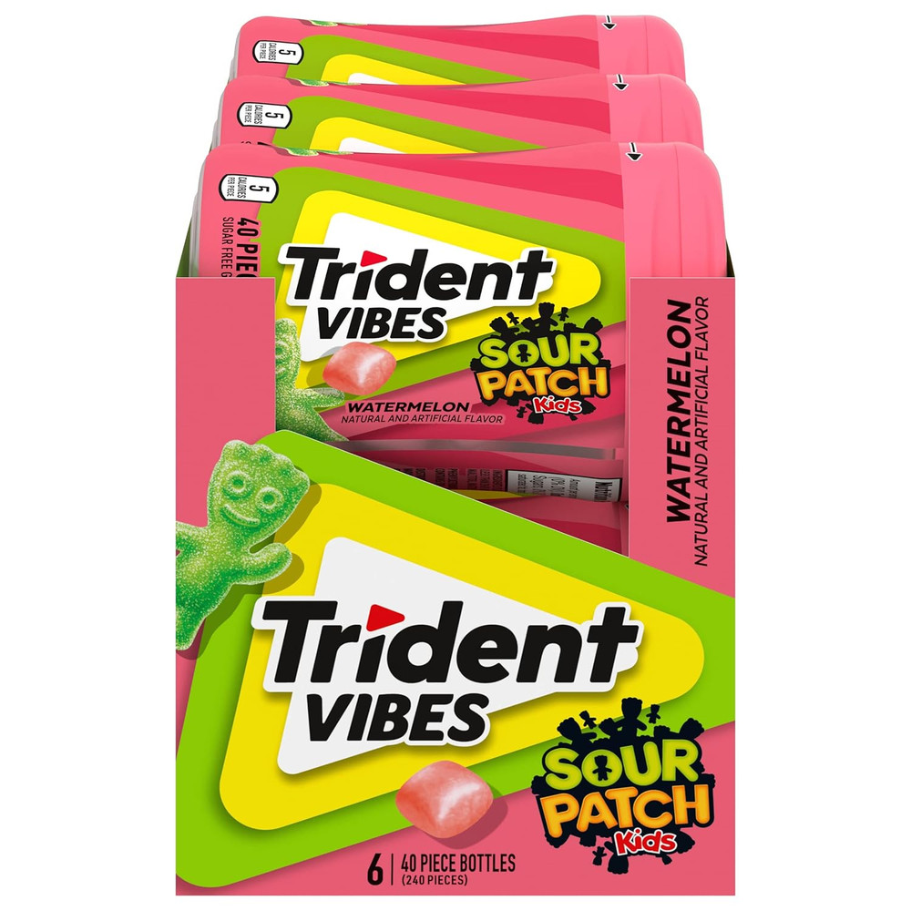 Trident Vibes SOUR PATCH KIDS Watermelon Sugar-Free Chewing Gum, 6 Bottles of 40